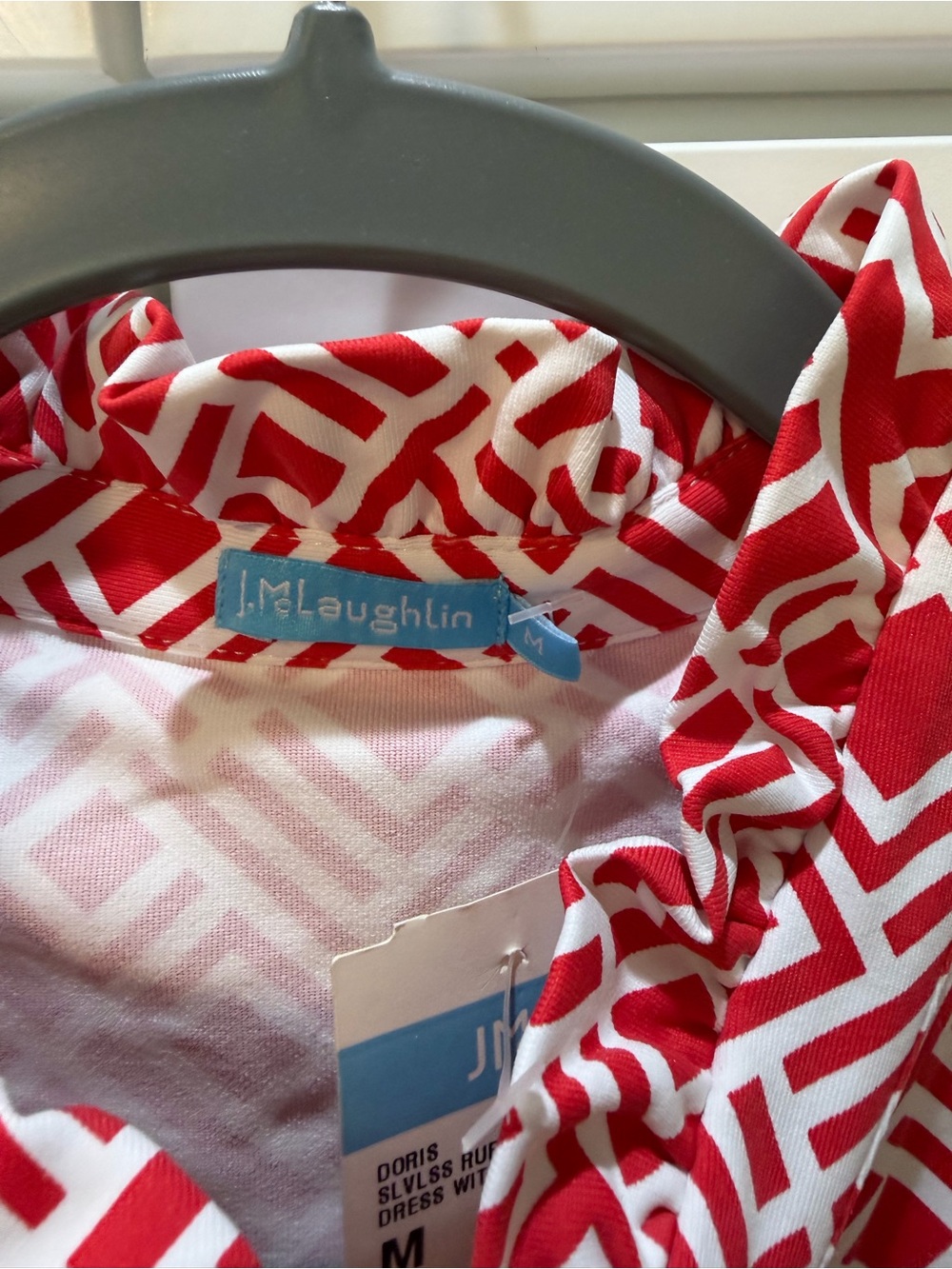 Sleeveless Coral Red and White Ruffle Collar Dress w/ Tie Waist - Picture 2 of 3